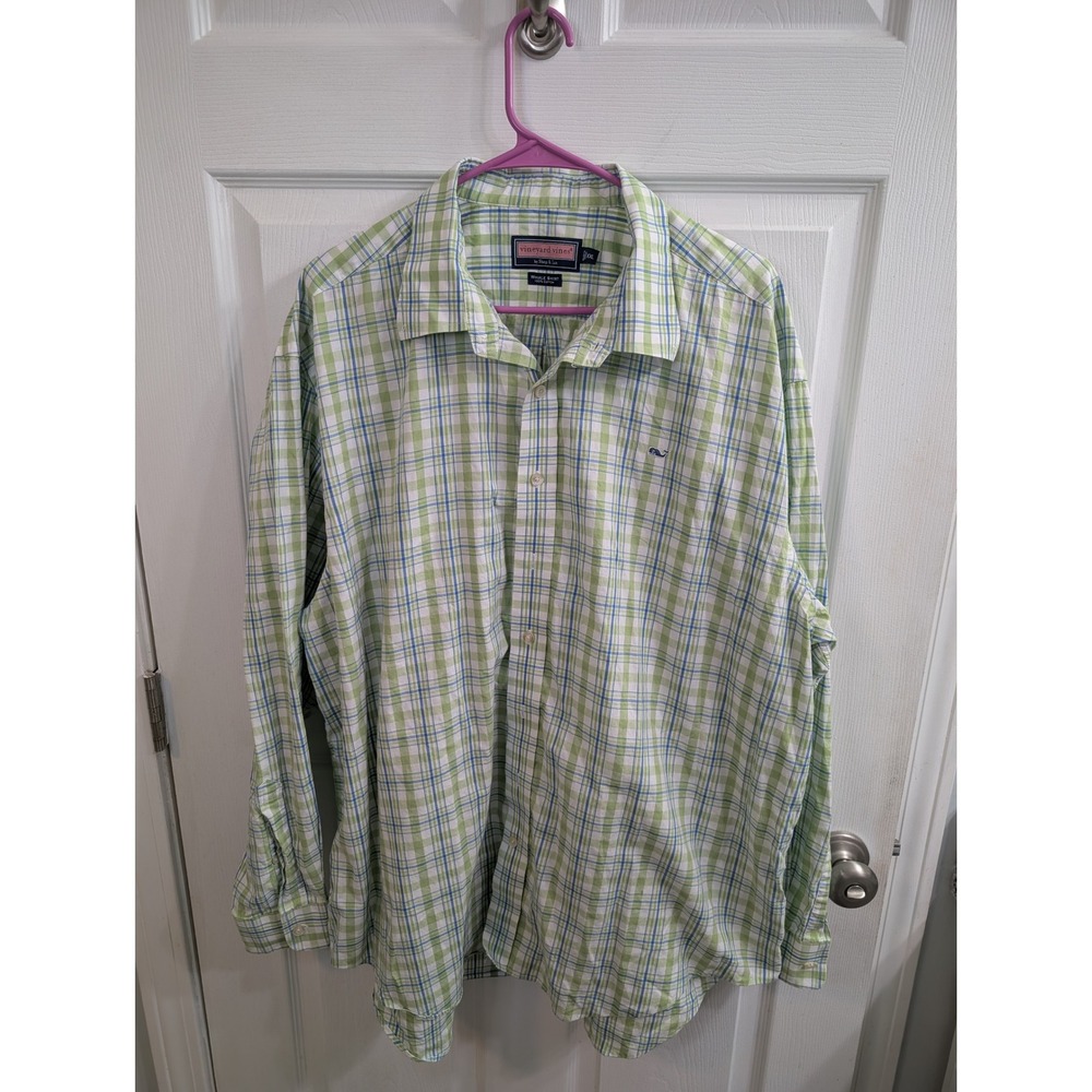 Vineyard Vines Whale Shirt Mens Green Blue Plaid Cotton Long Sleeve -‎ Size XXL